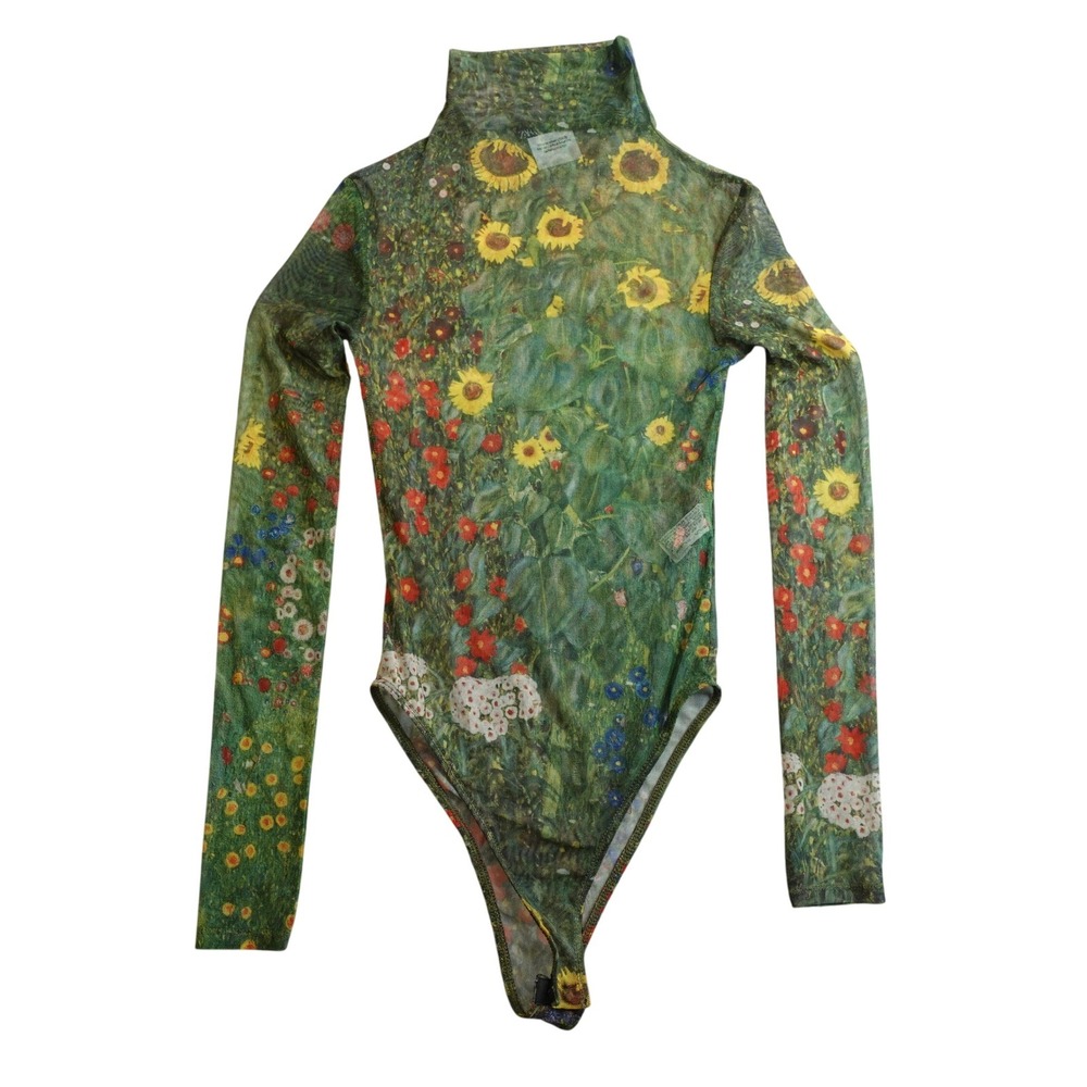 Zara Gustav Klimt Farm Garden Sunflower Bodysuit S Artsy Mesh Top Bloggers Fave